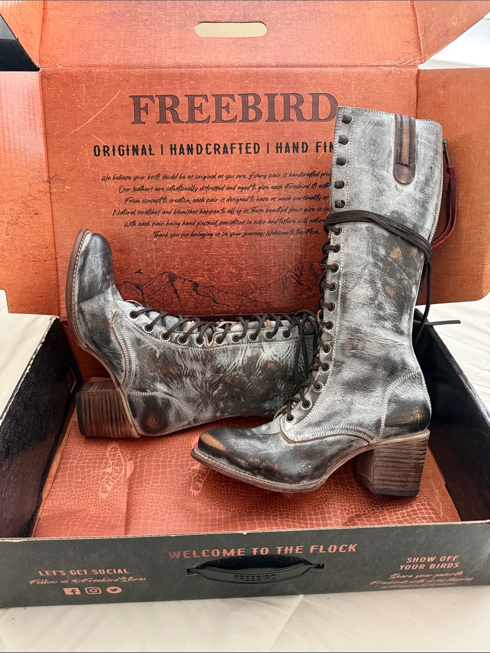 freebird Distressed Gray Lace-Up Knee Boots with Stacked Heel NEVER WORN